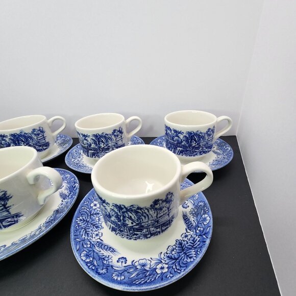 Vtg Churchill Currier and Ives Harvest Heritage Mint Cups & Saucer Set of 6 - Picture 3 of 10